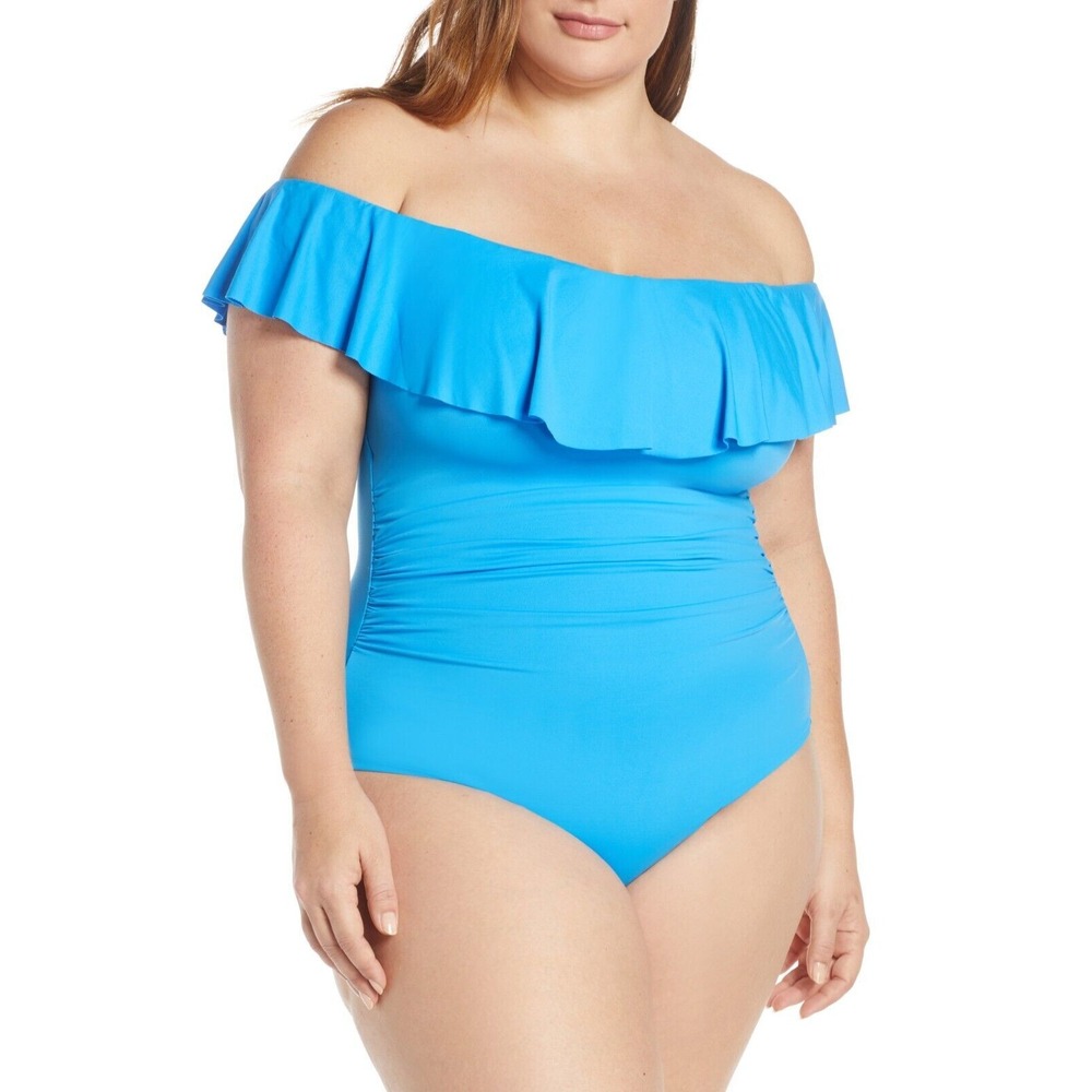 La Blanca Island Goddess Off the‎ Shoulder One-Piece Blue Swimsuit Size 20W